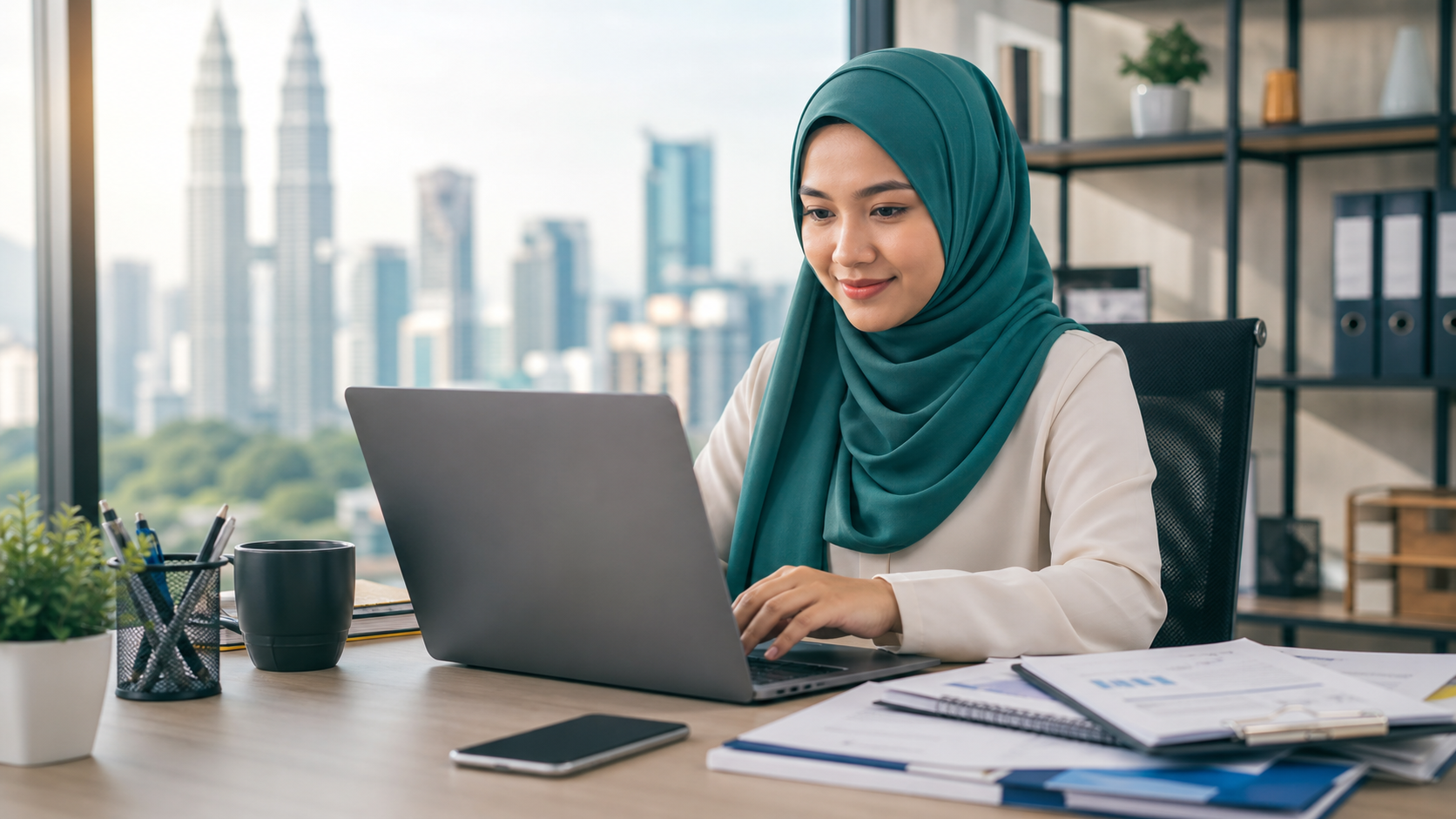 Malay Malaysian professional helping with online business renewal on a laptop
