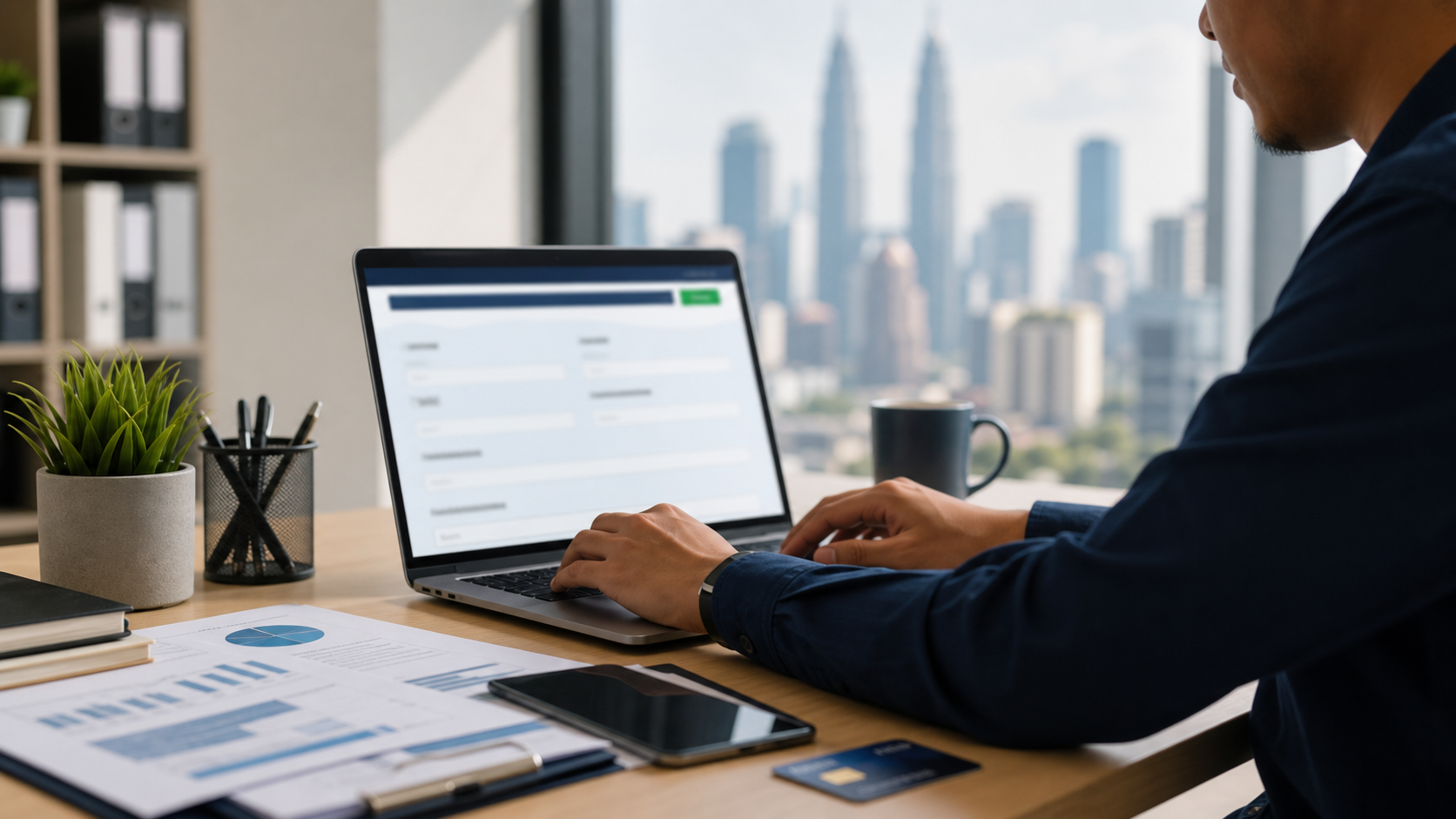 Malay Malaysian business owner completing online renewal on a laptop